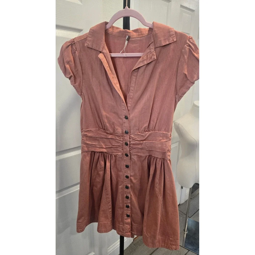 Free People Women Terracotta Cotton Button Front Puff Sleeve Mini Dress-M